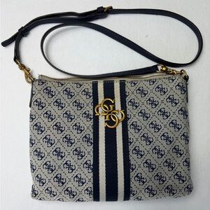 Guess Logo Canvas Crossbody Bag Blue Monogram Stripe Shoulder